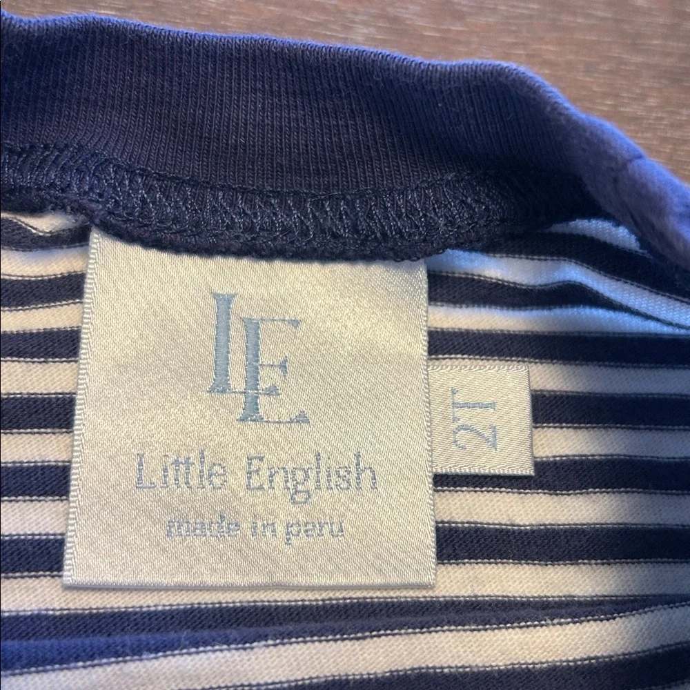 Little English Navy Stripe White Dog with Paw Print on Arms Cotton T-Shirt - Picture 2 of 3